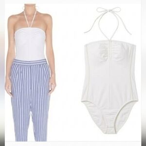 TIBI Stretch Shirred Halter Neck Bodysuit White‎